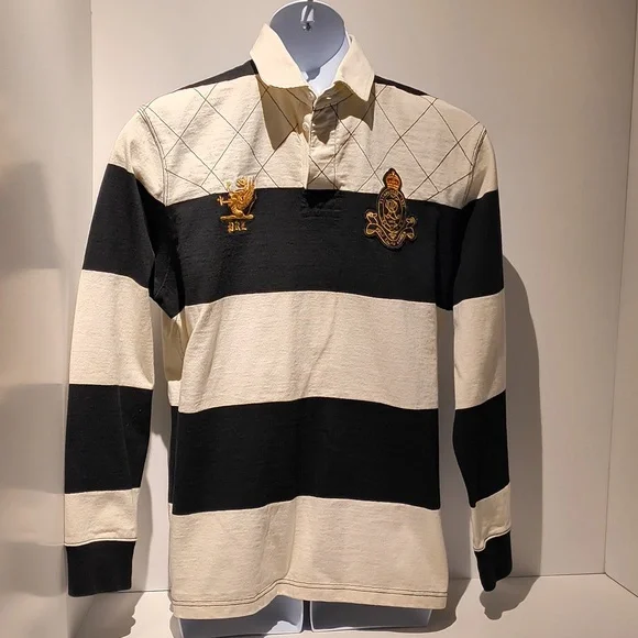 Polo Ralph Lauren vintage men's long sleeve polo shirt large black/white stripes - Picture 1 of 13